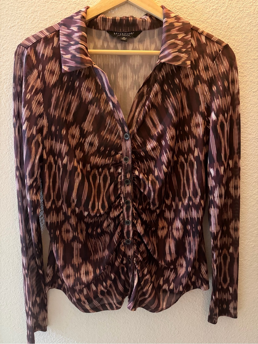 Liverpool Purple Print Ruched Button-Down Shirt